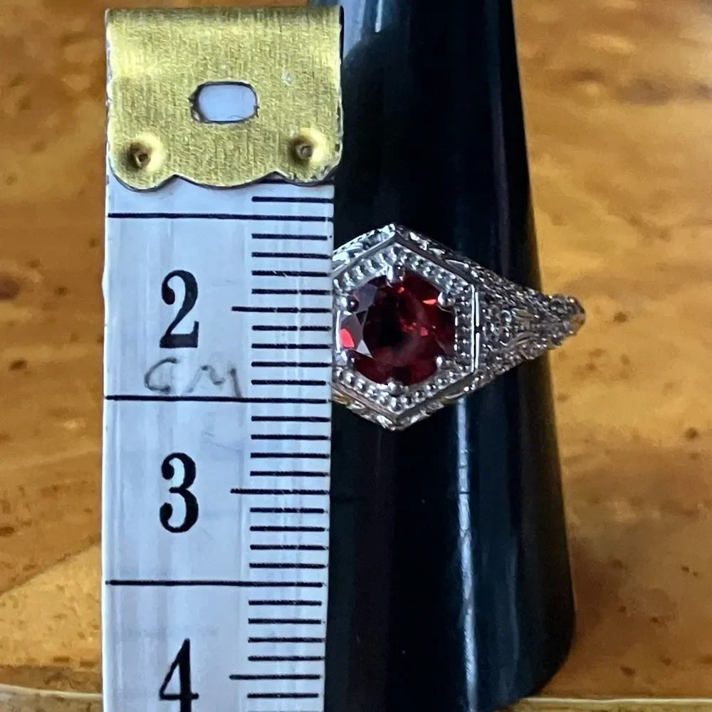 Natural Red Garnet Sterling Silver Art Deco Ring Size 9